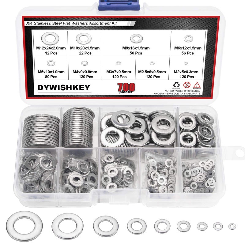 DYWISHKEY 700 Pieces 9 Sizes Stainless Steel Flat Washers Assortment Kit (M2 M2.5 M3 M4 M5 M6 M8 M10 M12) - Image 1
